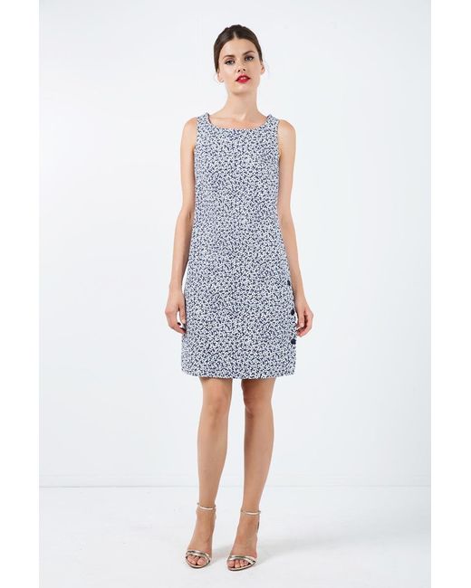 Conquista Blue Sleeveless Floral A Line Dress With Button Detail