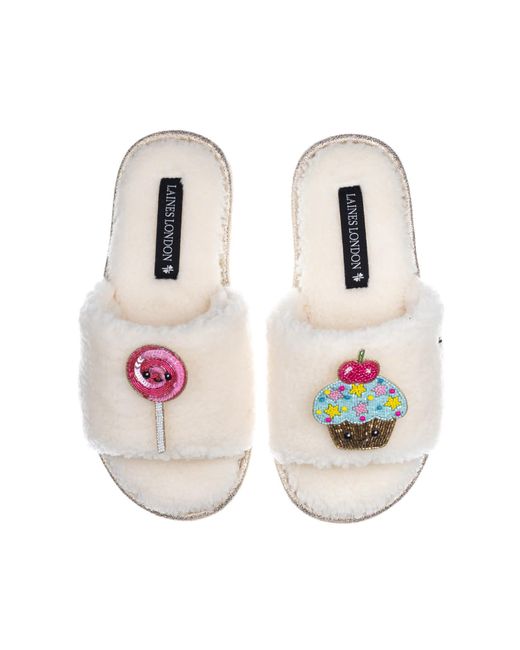 Laines London Pink Teddy Slider Slippers With Laines Lovables Lollipop & Cupcake Brooches