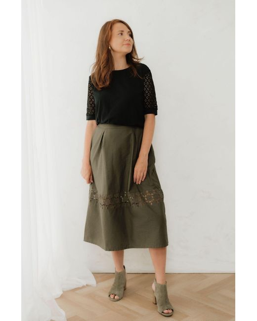 Sophie Cameron Davies Green Khaki Cotton Midi Skirt