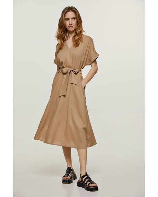 Conquista Natural Linen Style Belted Midi Dress