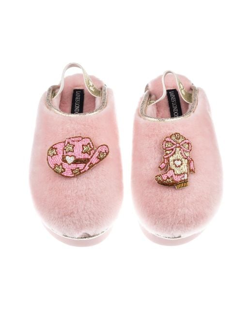 Laines London Pink Flatform Cloud Closed Toe Slippers With Cowgirl Hat & Cowgirl Boots Brooches