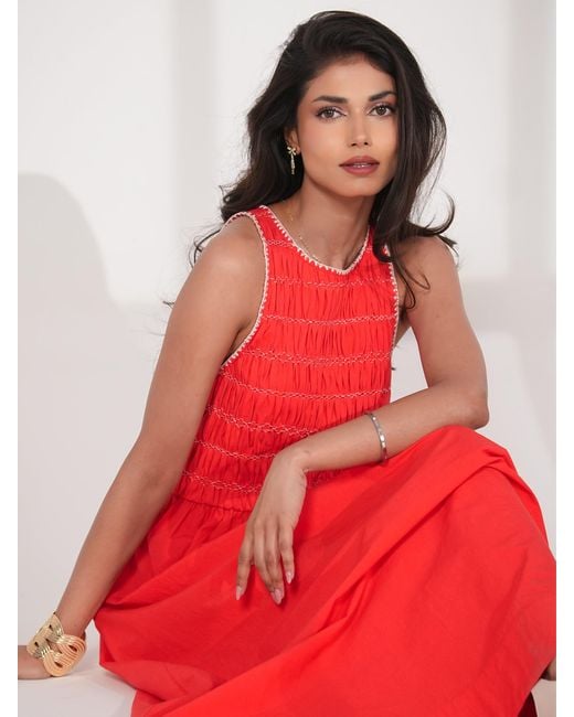 Rose & Nancy Red Issy Smocked Cotton Maxi Dress