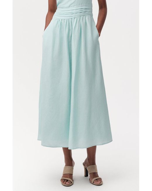 Exquise Blue Burk Elastic Waist Linen Blend Midi Dress