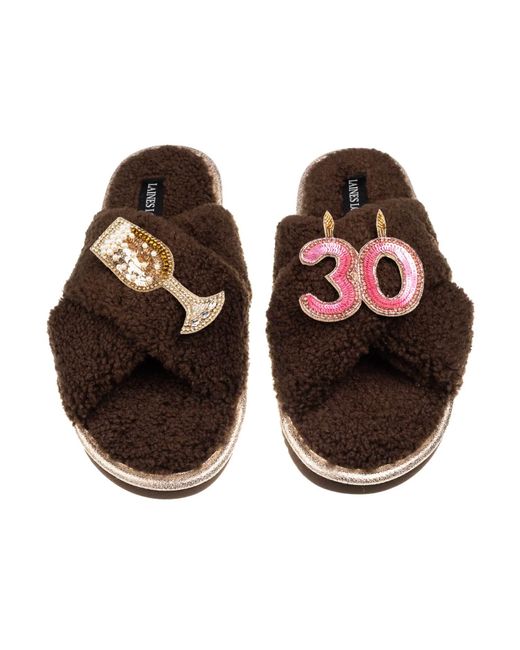 Laines London Brown Neutrals Laines Neutral Boucle Slippers With 30Th Birthday & Champers Brooches