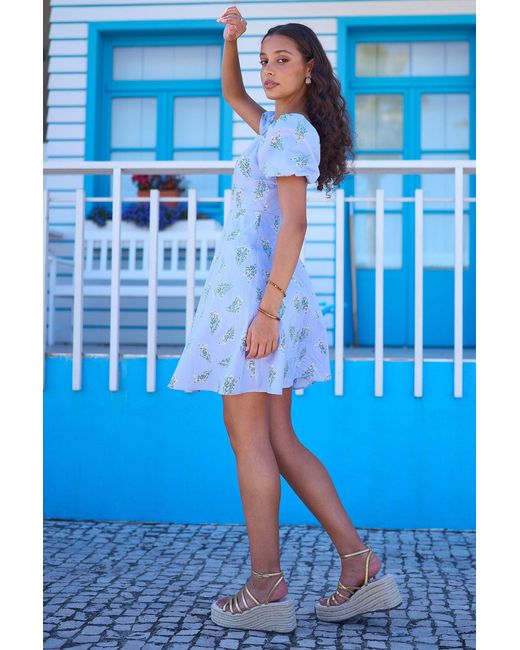 Yumi' Blue Cotton Floral Puff Sleeve Skater Dress