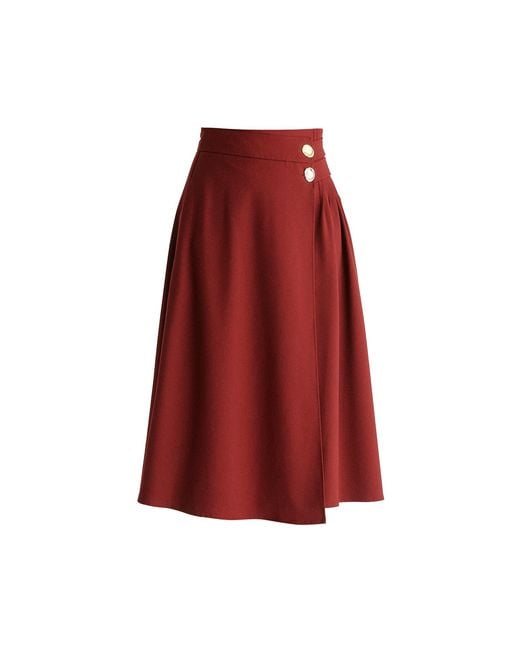Paisie Red Wrap Midi Skirt With Pleated Detail