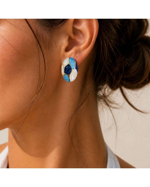 Nuvv Collection Blue Mosaic Enamel Stud Earrings – Plated Statement Piece