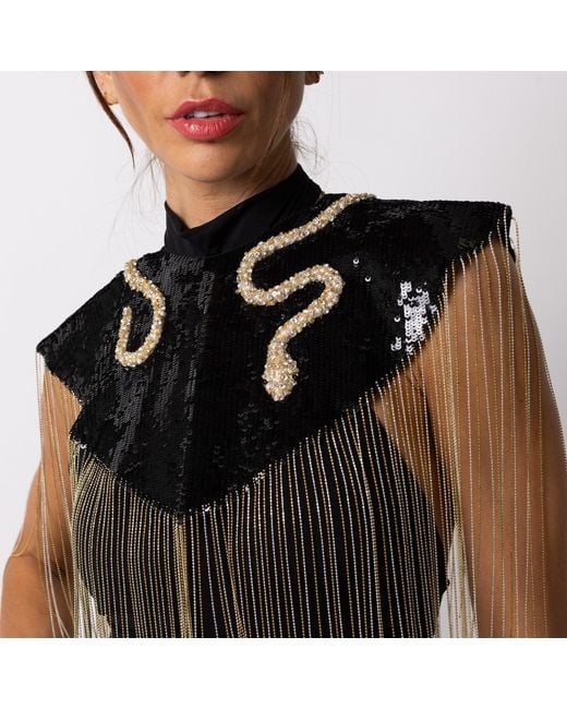 Laines London Black Hand Beaded Crystal & Pearl Snake Tassel Cape
