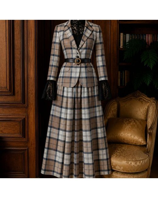 NUMBAT Gray Rosamund Tartan Wool Skirt