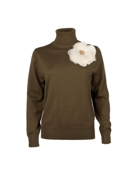 House of Laines London Green Neutrals Laines Couture Embellished Cream Corsage Knitted Roll Neck Jumper