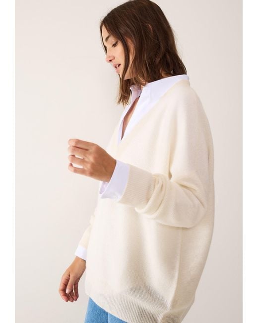 Loop Cashmere White Relaxed Lofty V Neck Sweater
