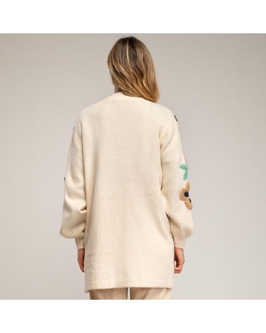 Tantra Spain Sl Natural Neutrals Long Knit Jacket With Embroidered Flowers On The Sleeves And Front Pockets