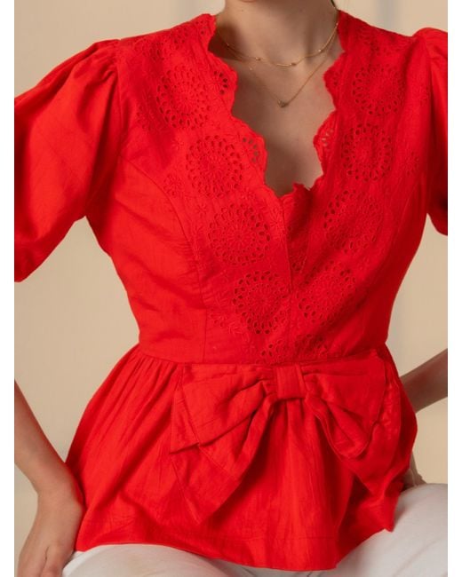 Rose & Nancy Red Haillie Coral Lace Trim Bow Blouse