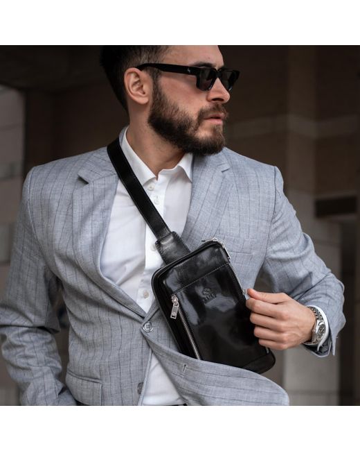 Time Resistance Black Leather Sling Bag Chest Bag for men