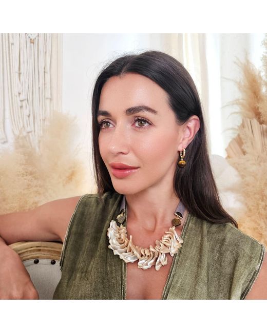 Farra Metallic Tiger-Eye Stone Dangle Modern Hoop Earrings