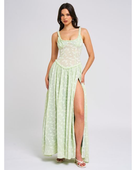 Miss Circle New York White Ulissa Light Square Neck Jacquard Textured High Slit Maxi Dress