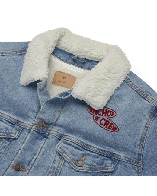 Anchor and Crew Blue Light Denim Explore Co. Sherpa Denim Embroidered Jacket