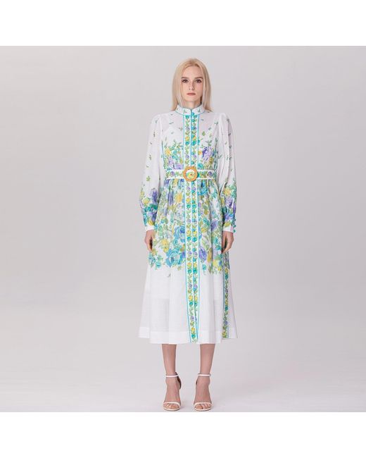 Smart and Joy Blue Placement Print Floral Midi Dress