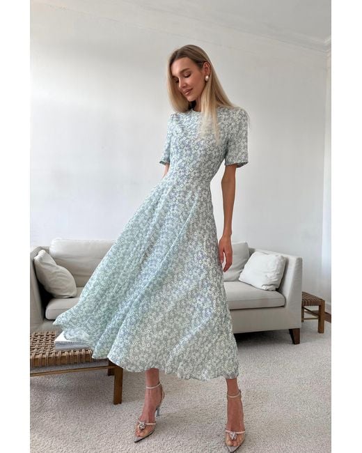 POST MERIDIEM Blue Short Sleeve Floral Midi Dress