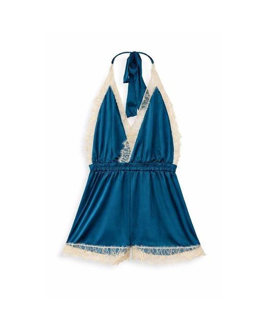 Noblesse Oblige Blue Petrol Lace Trimmed Halter Neck Short Romper