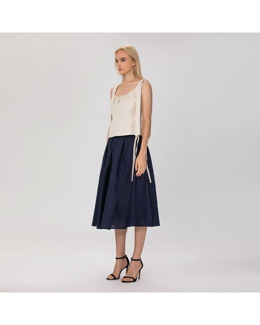 Smart and Joy Blue Flared Linen Midi Skirt