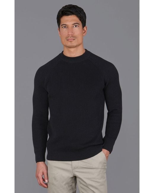 Paul James Knitwear Black Lightweight Cotton Brett Ribbed Crew Neck Jumper for men