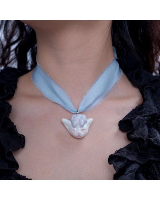 H2 Studio Blue Angry Puss Baby Silk Necklace Bowtie Cat