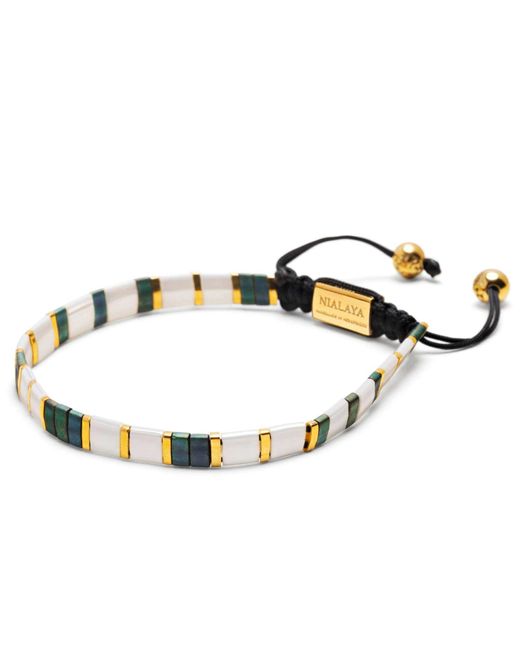 Nialaya Metallic Bracelet With White, Patina Green And Gold Miyuki Tila Beads for men
