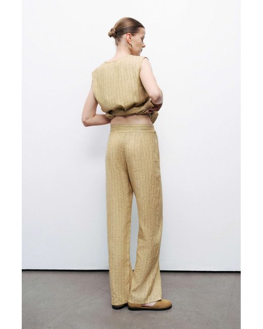 Nocturne Green Neutrals Linen Striped High-Waist Pants