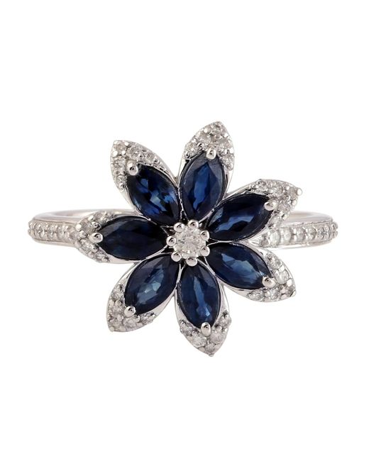Artisan 18k White Gold In Marquise Cut Blue Sapphire & Pave Diamond Magnolia Flower Ring
