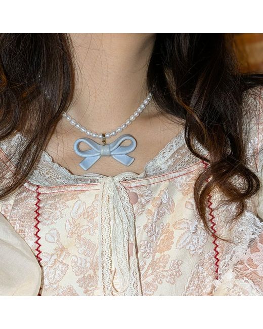 H2 Studio Blue Bowtie Maniac Medium Ribbon Bowtie Round Freshwater Pearl Necklaces Forget Me Not