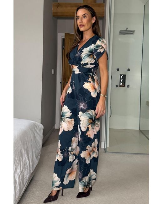 Girl In Mind Blue Bridget Twist Font Split Arm Jumpsuit Floral