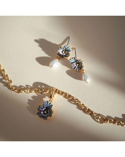 Fable England Metallic Pansy Pearl Earrings & Pansy & Pearl Collector Charm Bracelet Set