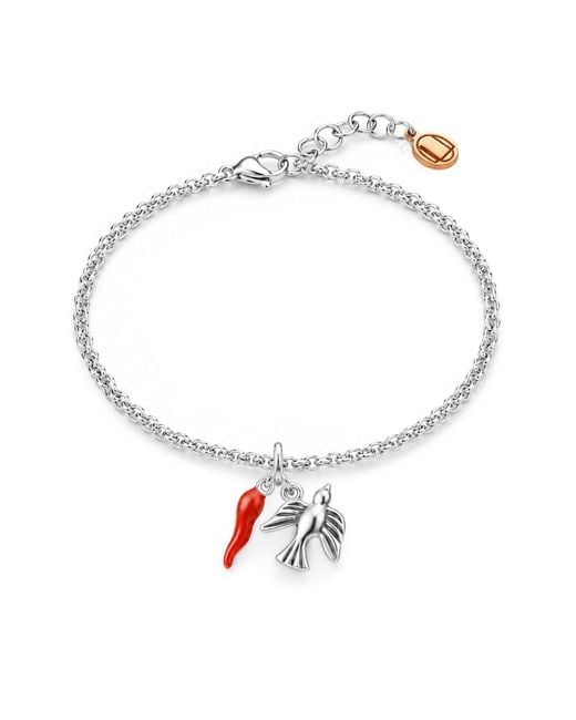 Unaloe Metallic Sterling Dove And Cornicello Charm Bracelet