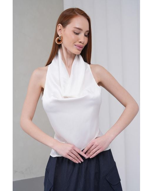 Lumina Eligma White Cascade Silk Cowl Top