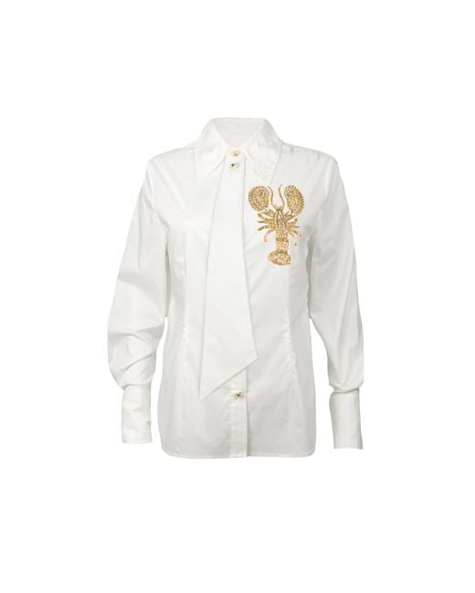 House of Laines London White Laines Couture Tie Shirt With Embellished Lobster