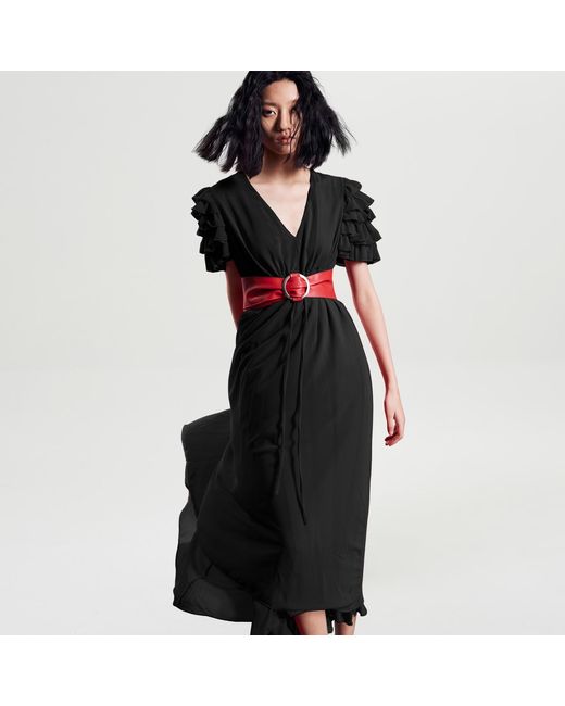 Smart and Joy Black Tiered Frills Shoulder Long Dress