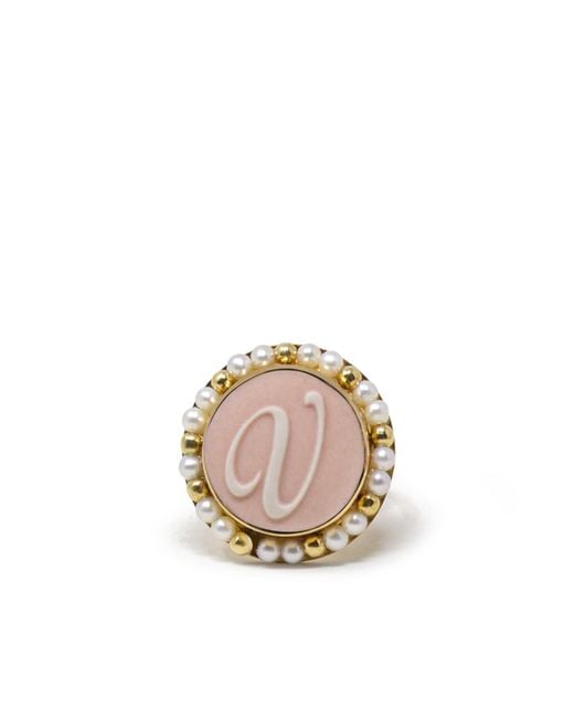 Vintouch Italy Gold Vermeil Pink Cameo Pearl Ring Initial V