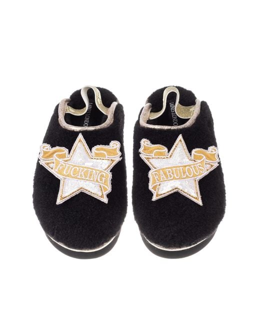 Laines London Black Flatform Cloud Closed Toe Slippers With Fucking Fabulous Brooches