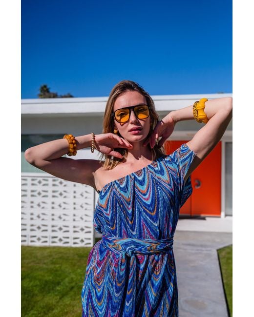 Jennafer Grace Blue Hallucinogen Plume One Shoulder Maxi Dress