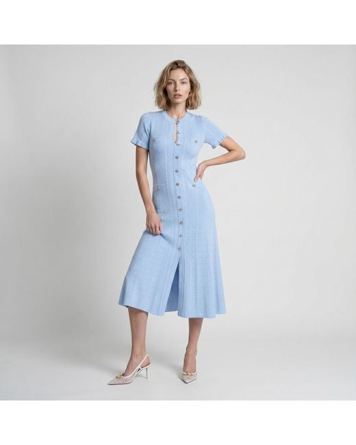 Modenaire Blue Knit Midi Dress Sculpted Button Front