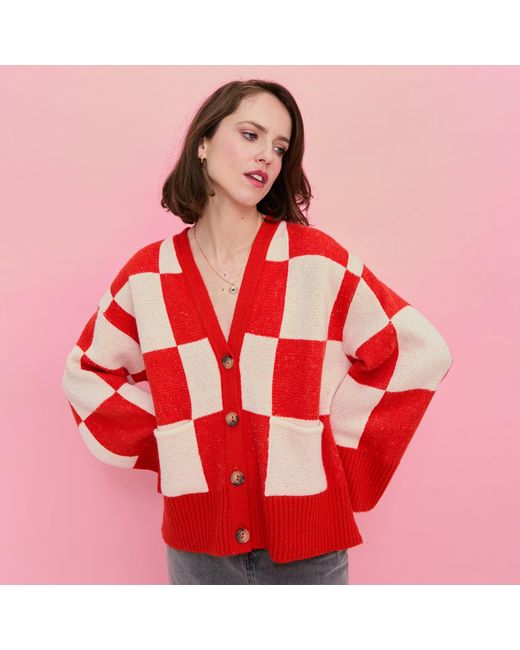 Cara & The Sky Red Candice Checked Wide Sleeve Cardigan