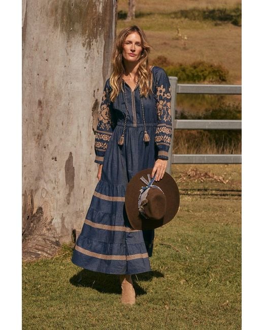 Adrift Clothing Blue Tabitha Embroidered Chambray Dress