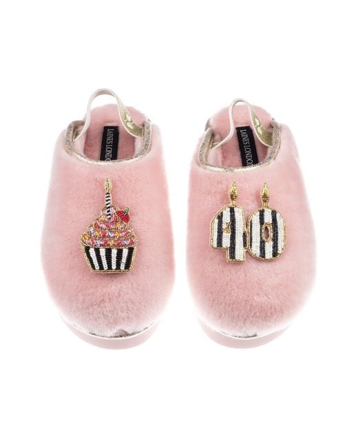 Laines London Pink Flatform Cloud Closed Toe Slippers With Stripe 40Th Birthday & Cake Brooches