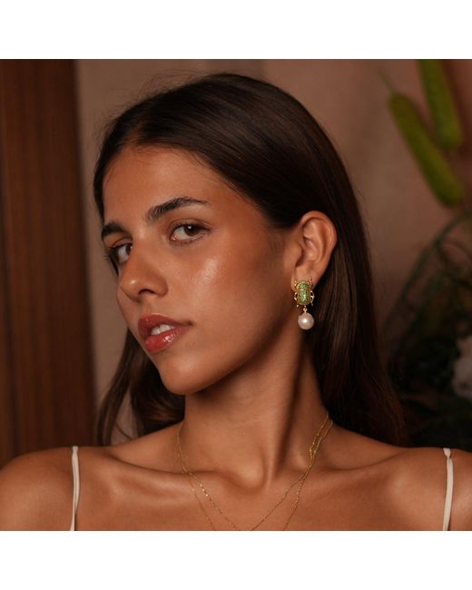 Ebru Jewelry Metallic Egyptian Scarab Emerald & Pearl Dangle Mystic Earrings