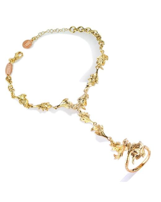 Unaloe Metallic Sterling Vermeil Hand Chain Ring Bracelet – Elegant Jewelry With Leaf Design