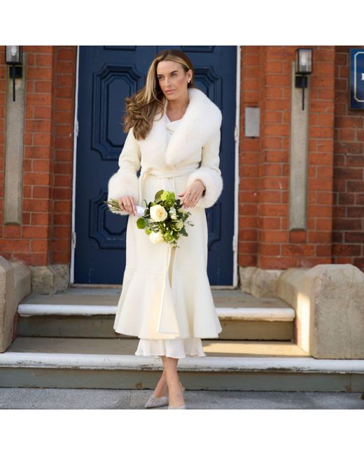 Hortons England White Westminster Cashmere Peplum Coat Faux Fur Ivory