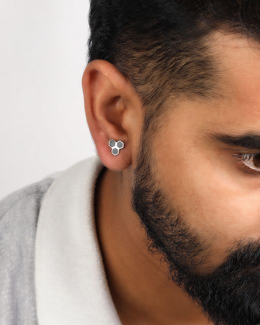 The Jewelz Black Triple Hexagon Enamel Stud Earrings for men