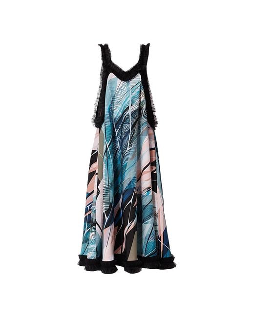 Maison Bogomil Blue Flared Maxi Dress, Edged With Tulle, With Tropical Print