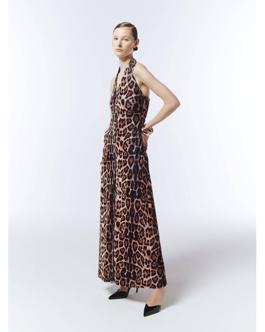 Sour Figs Brown Neutrals Button-Front Halterneck Leopard Velvet Maxi Dress
